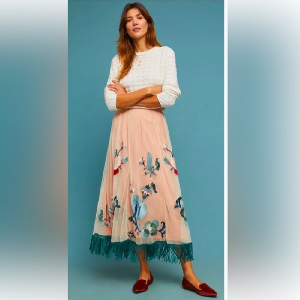 NWOT retail$178 size10 Akemi+Kin Floral Embroidered Maxi Skirt with fringe hem.
